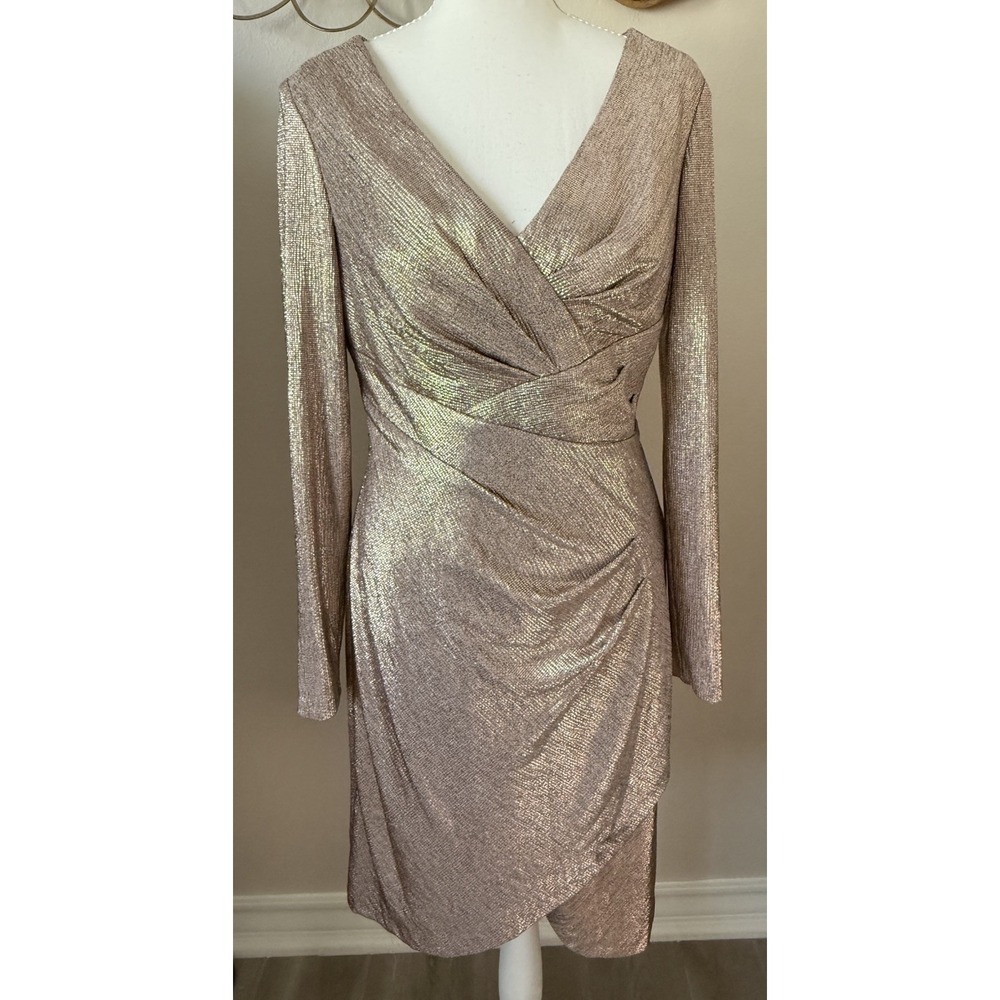 Nightway Rose Gold Metallic Faux Wrap Cocktail Dress Long Sleeve Size 10 USA